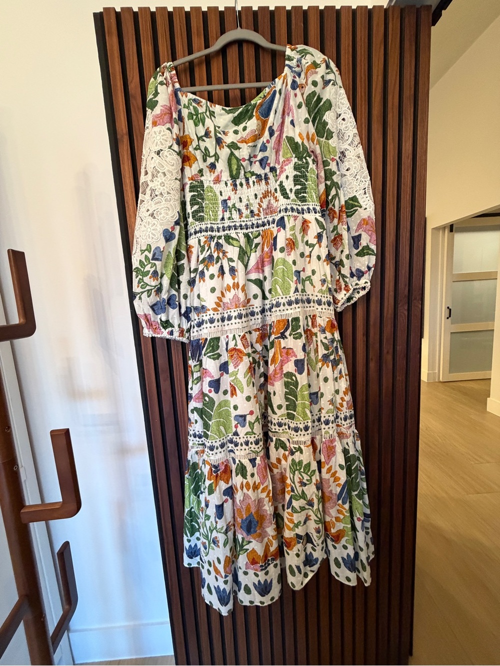 FARM Rio White Tiered Midi Dress with Green, Blue and Orange Floral Print - Picture 4 of 4